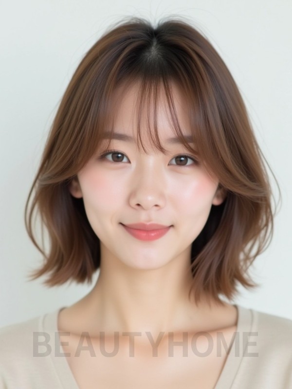 밀크티 브라운 어깨 스택 단발+사이드뱅