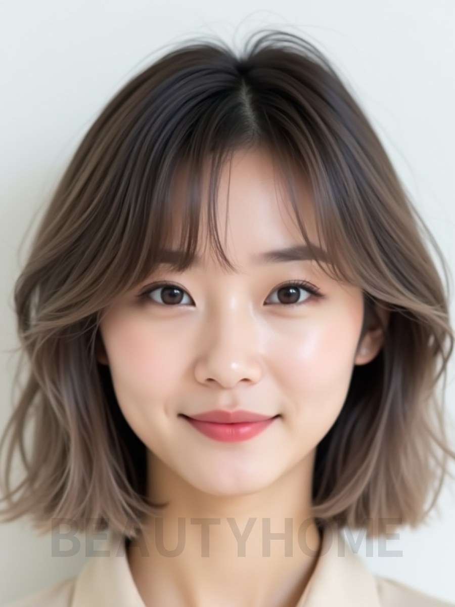 애쉬 브라운 쇄골 레이어드 단발+사이드뱅