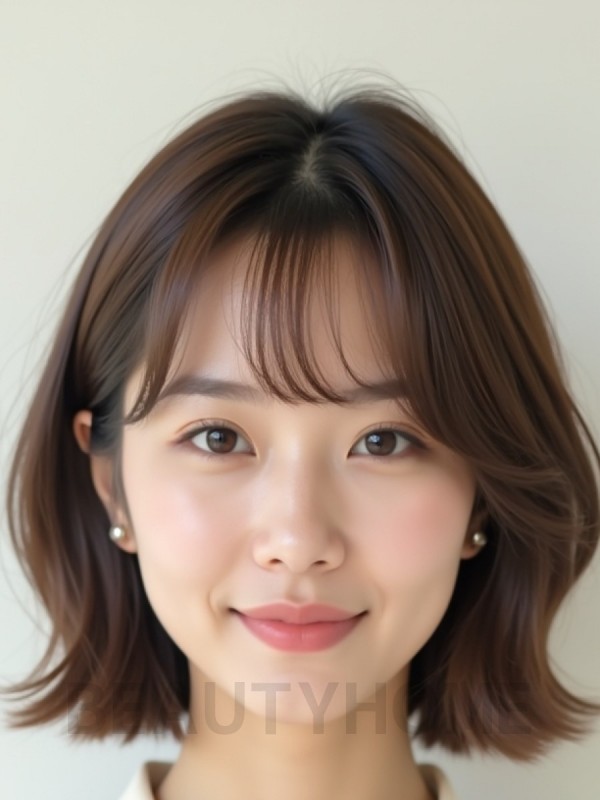 그레ige 브라운 턱밑 텍스처 단발+풀뱅