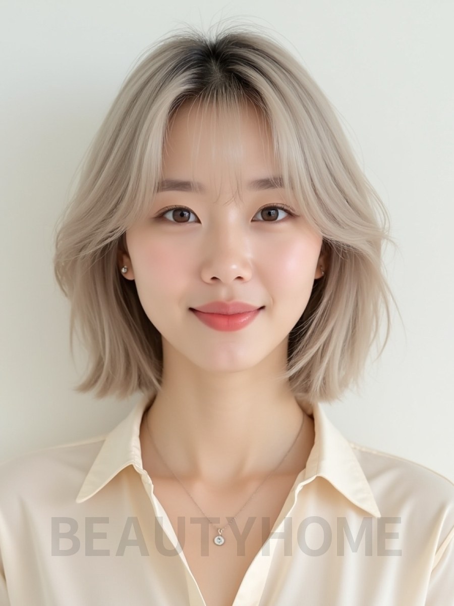 애쉬 블론드 턱밑 스택 단발+뱅