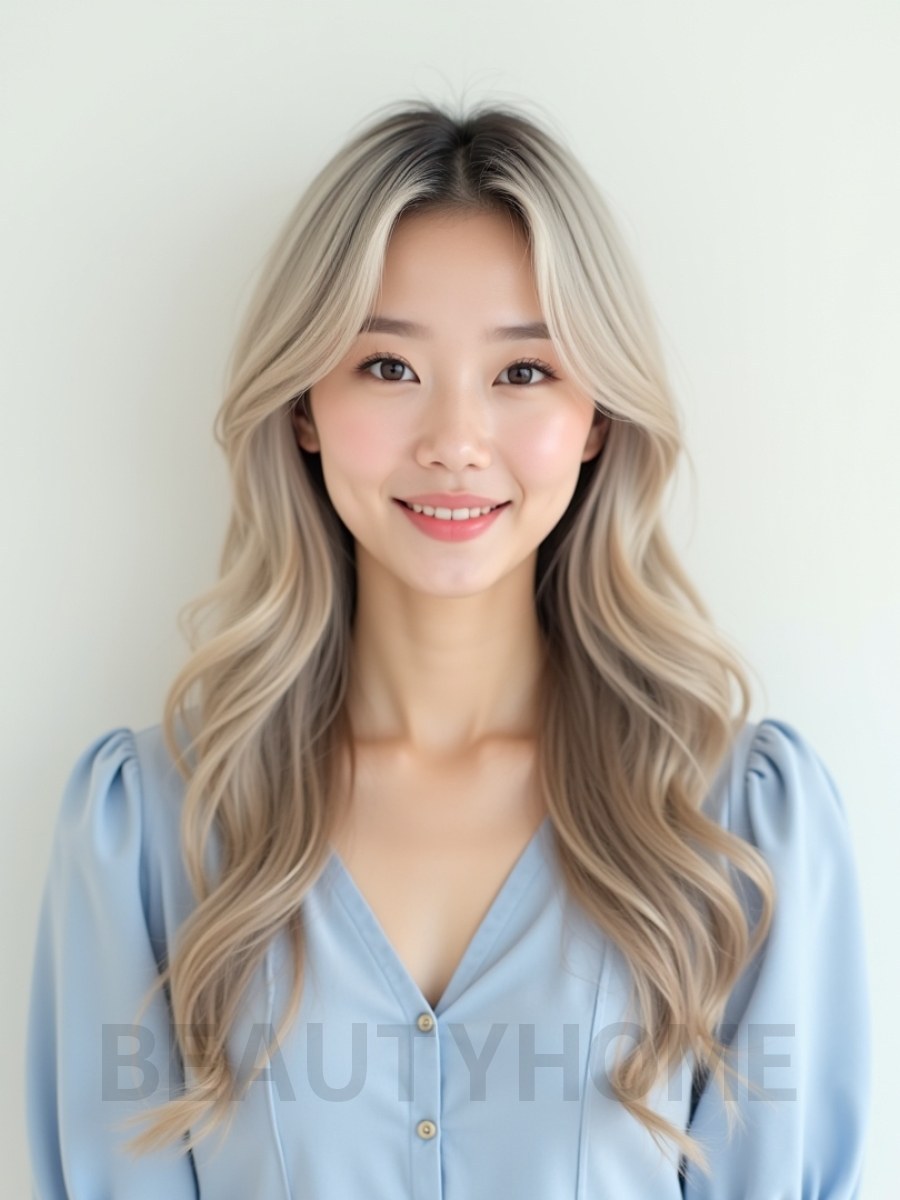 애쉬 블론드 긴 웨이브+시스루뱅