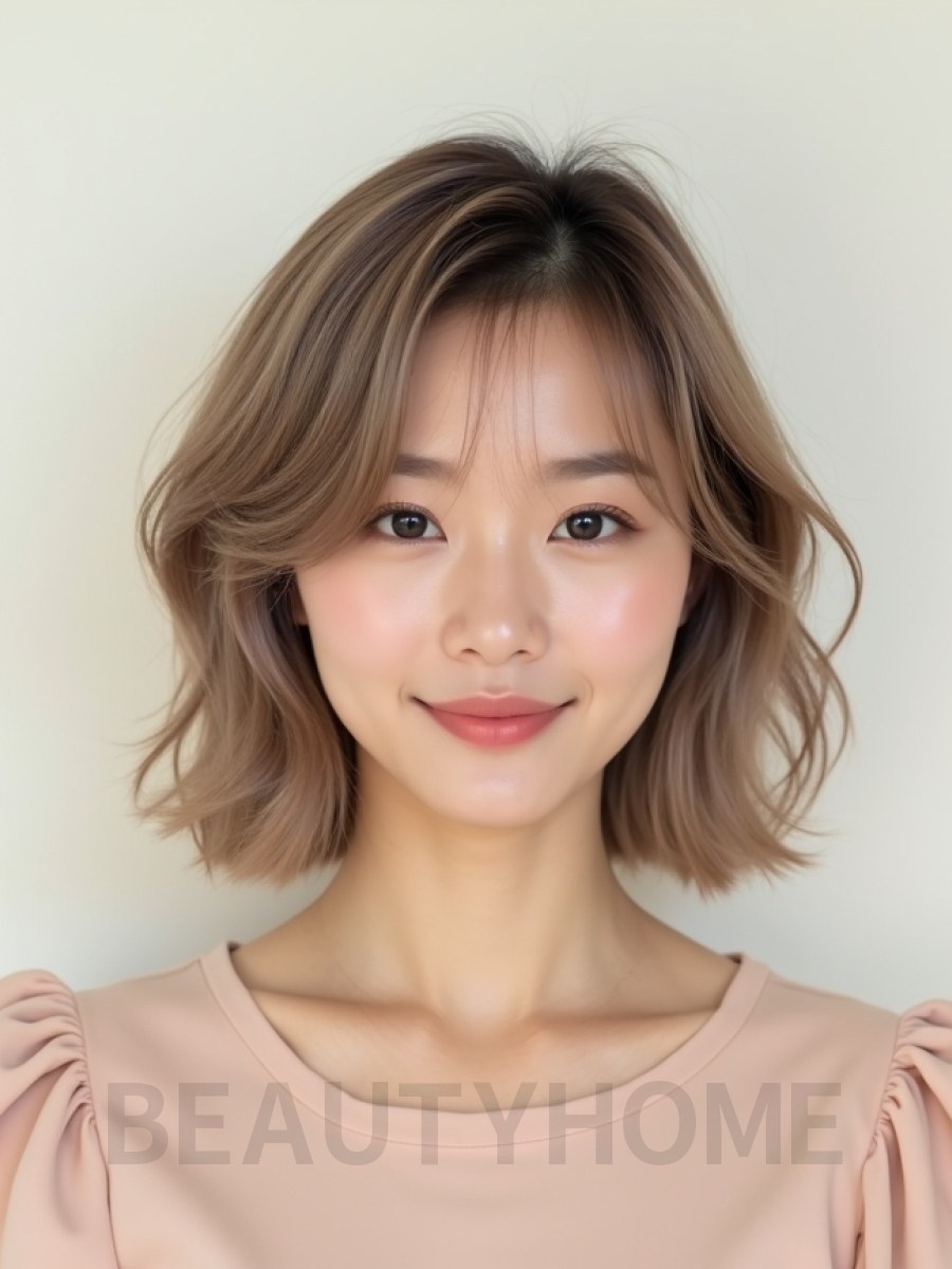 베이지 브라운 귀밑 웨이브 단발