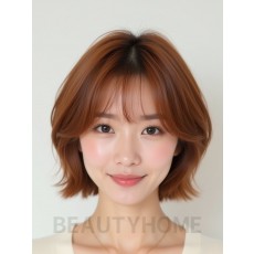 베이지 브라운 쇄골 텍스처 단발+커튼뱅