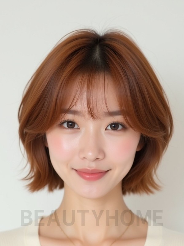 베이지 브라운 쇄골 텍스처 단발+커튼뱅