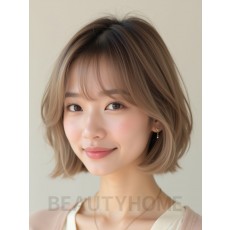 베이지 브라운 턱밑 블런트 단발+사이드뱅