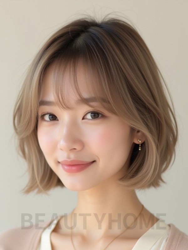 베이지 브라운 턱밑 블런트 단발+사이드뱅