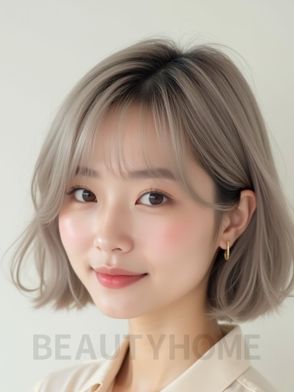 애쉬 브라운 턱선 스택 단발+사이드뱅
