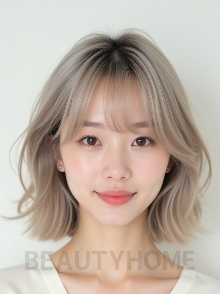 애쉬 블론드 턱선 레이어드 단발+사이드뱅