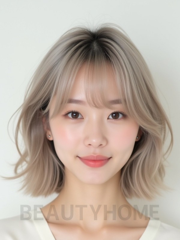 애쉬 블론드 턱선 레이어드 단발+사이드뱅