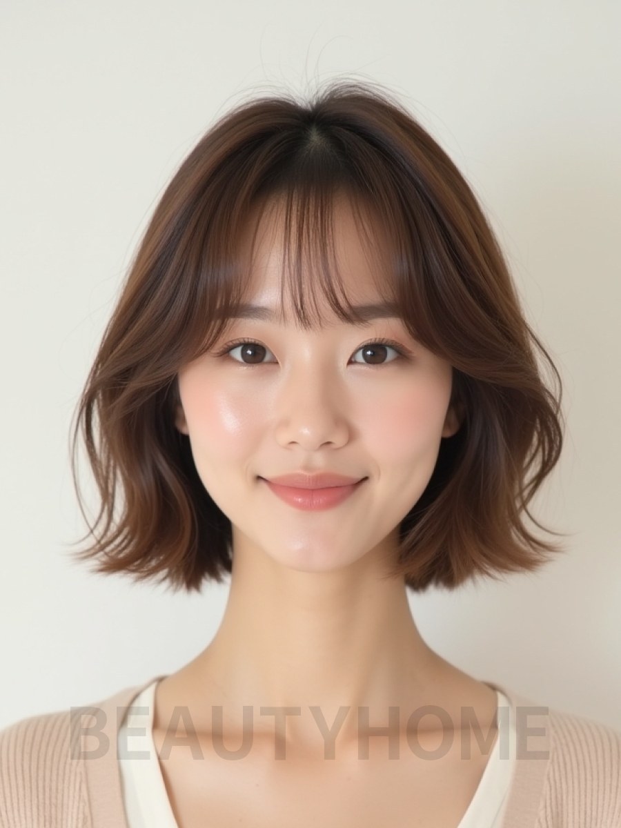베이지 브라운 귀밑 텍스처 단발+커튼뱅