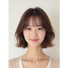 베이지 브라운 귀밑 텍스처 단발+커튼뱅