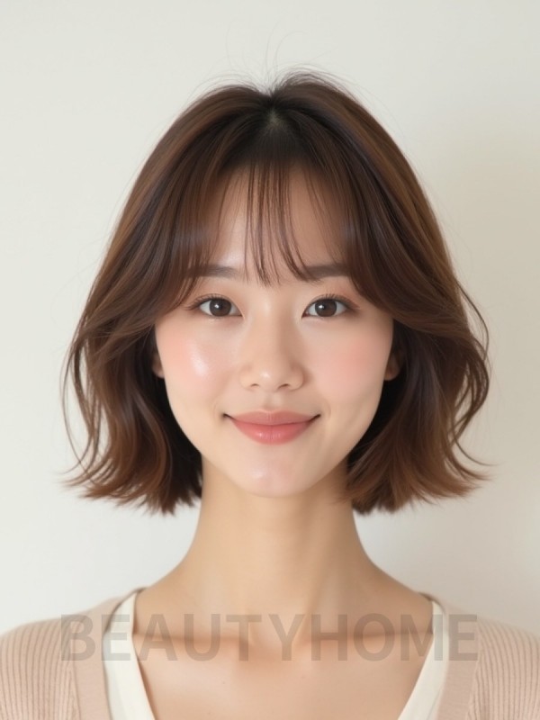 베이지 브라운 귀밑 텍스처 단발+커튼뱅
