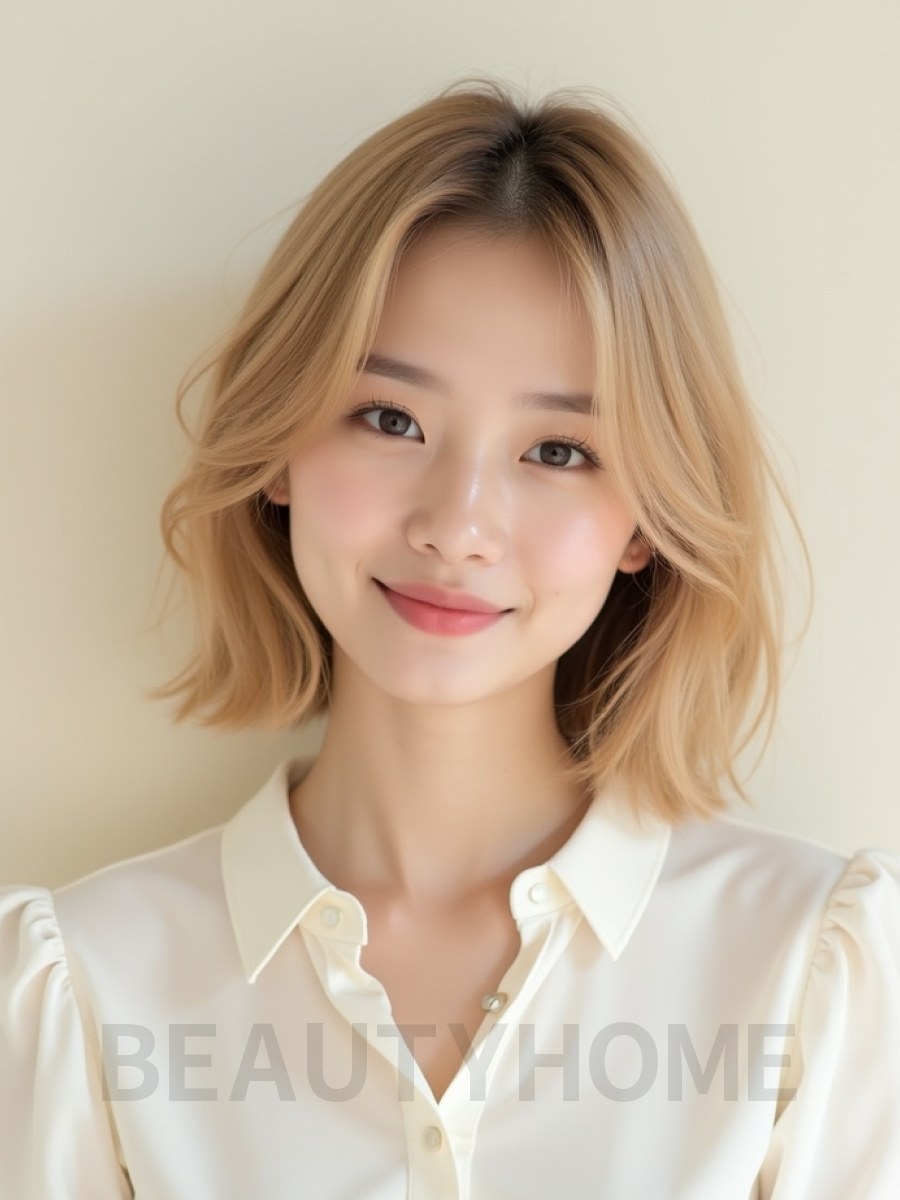 샌드 블론드 쇄골 그라데이션 단발+커튼뱅
