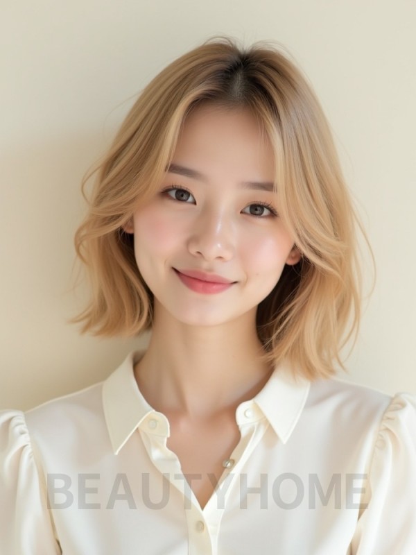 샌드 블론드 쇄골 그라데이션 단발+커튼뱅