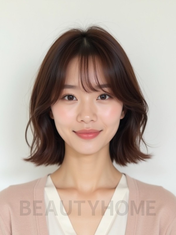 마호가니 턱선 웨이브 단발+풀뱅