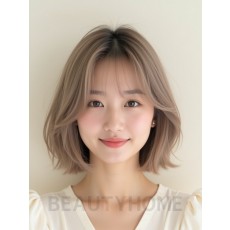 애쉬 베이지 턱밑 스택 단발+커튼뱅
