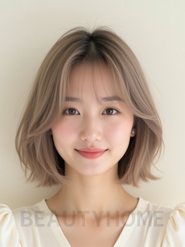 애쉬 베이지 턱밑 스택 단발+커튼뱅