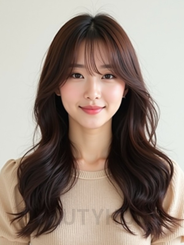 초콜릿 브라운 긴 웨이브+커튼뱅