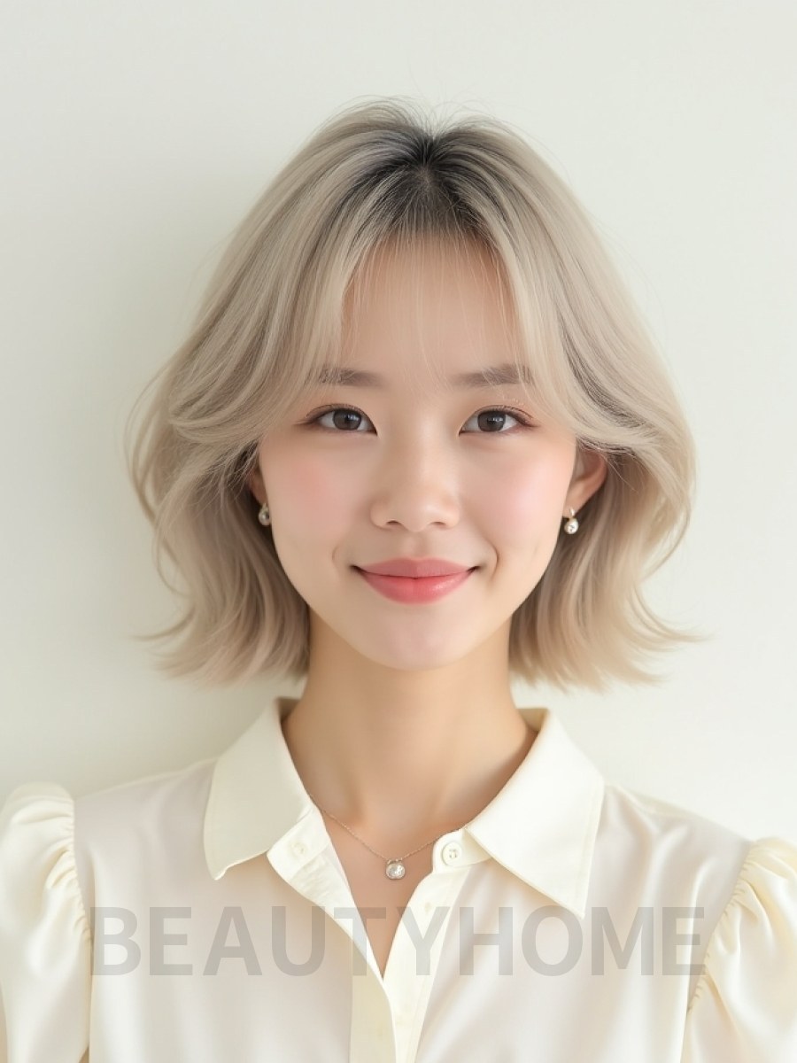 애쉬 블론드 귀밑 블런트 단발+커튼뱅