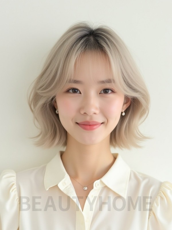 애쉬 블론드 귀밑 블런트 단발+커튼뱅