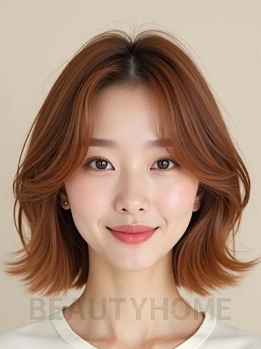 베이지 브라운 턱선 레이어드 단발+시스루뱅