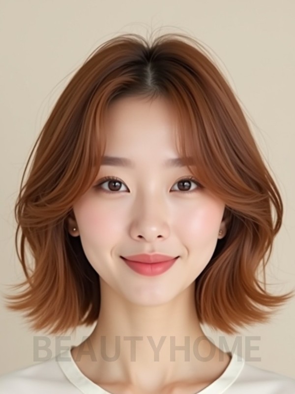 베이지 브라운 턱선 레이어드 단발+시스루뱅
