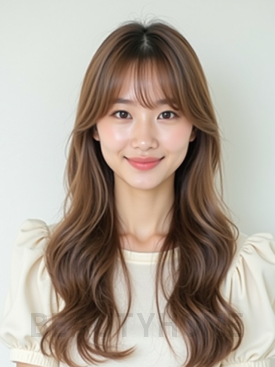 밀크티 브라운 긴 레이어+사이드뱅