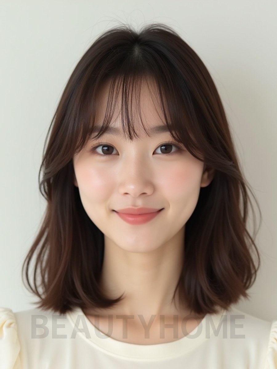 초콜릿 브라운 쇄골 스트레이트 단발+시스루뱅