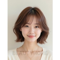 베이지 브라운 턱선 스택 단발+뱅