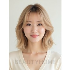 샌드 블론드 어깨 그라데이션 단발+사이드뱅
