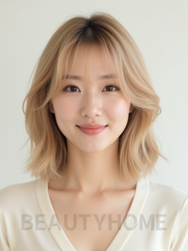 샌드 블론드 어깨 그라데이션 단발+사이드뱅