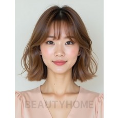 베이지 브라운 쇄골 비대칭 단발+풀뱅