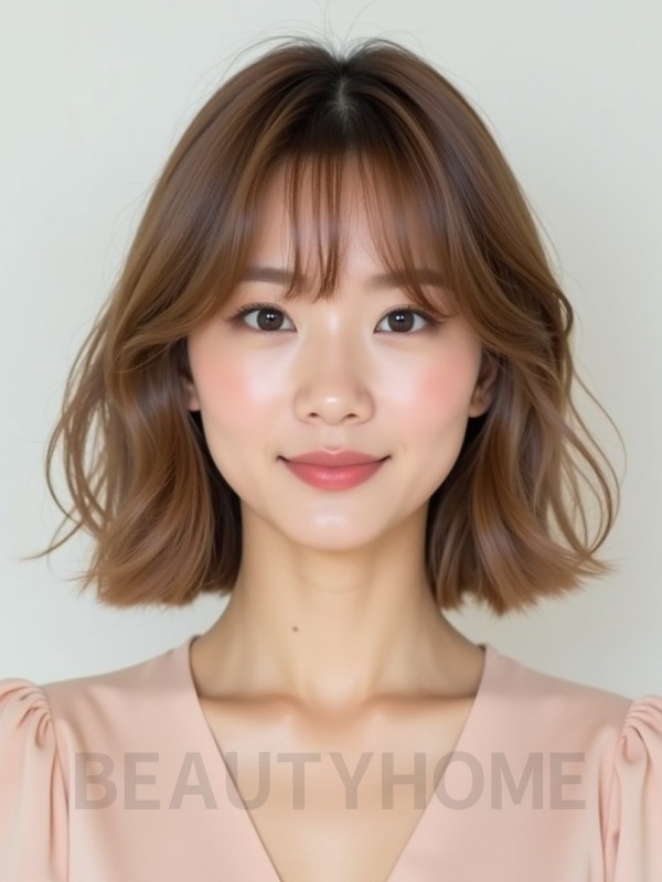 베이지 브라운 쇄골 비대칭 단발+풀뱅