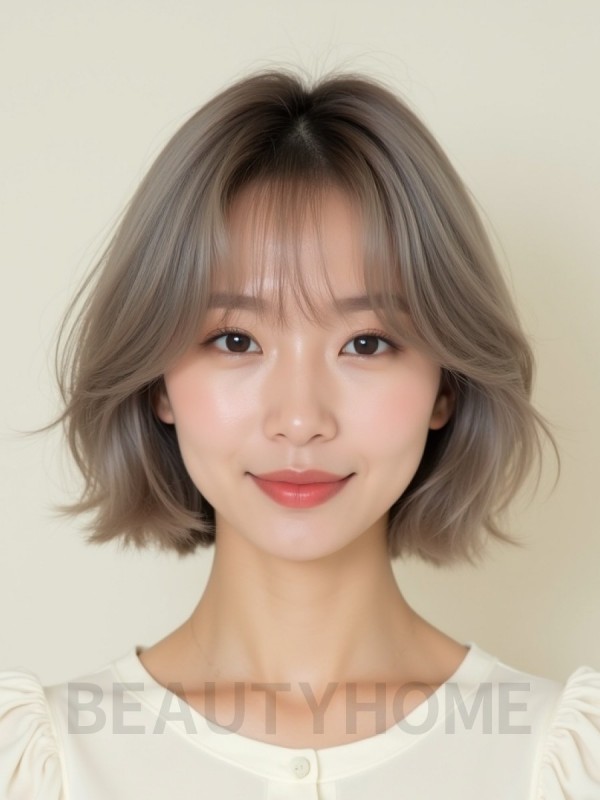 애쉬 브라운 쇄골 그라데이션 단발+풀뱅