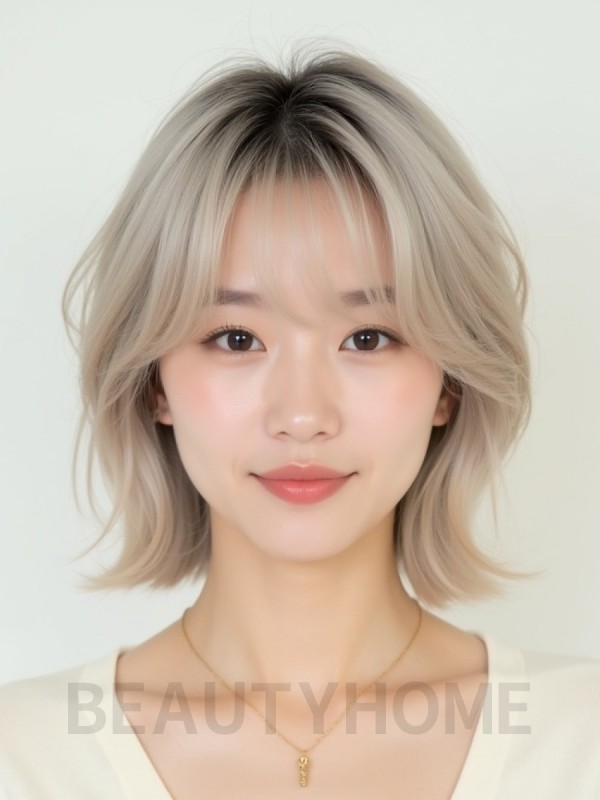 애쉬 블론드 턱선 비대칭 단발+사이드뱅