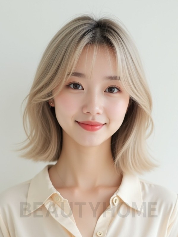애쉬 블론드 턱선 그라데이션 단발+사이드뱅