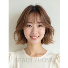 베이지 브라운 어깨 컬 단발+풀뱅