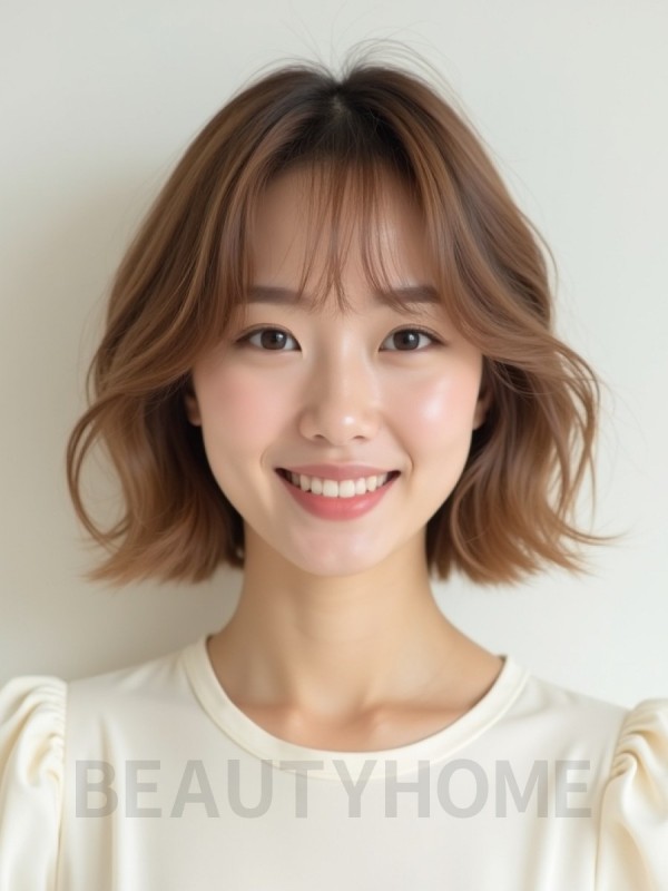 베이지 브라운 어깨 컬 단발+풀뱅