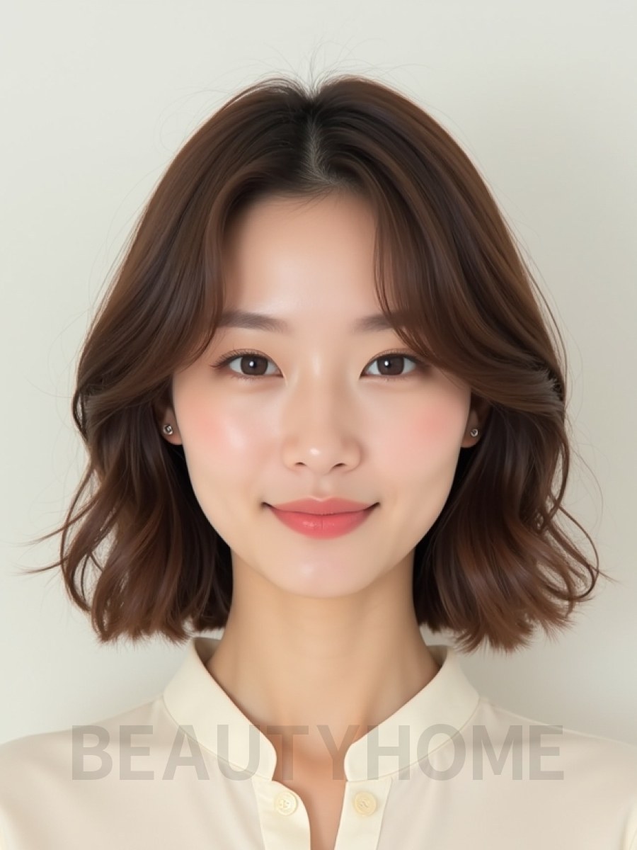 베이지 브라운 쇄골 컬 단발