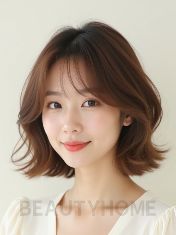 밀크티 브라운 귀밑 컬 단발+사이드뱅