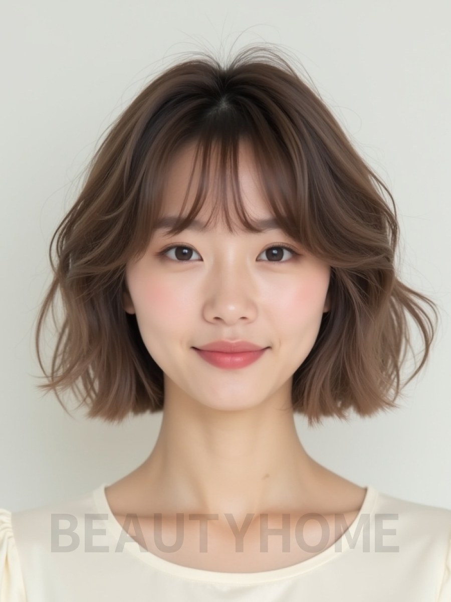 그레ige 브라운 귀밑 컬 단발+커튼뱅