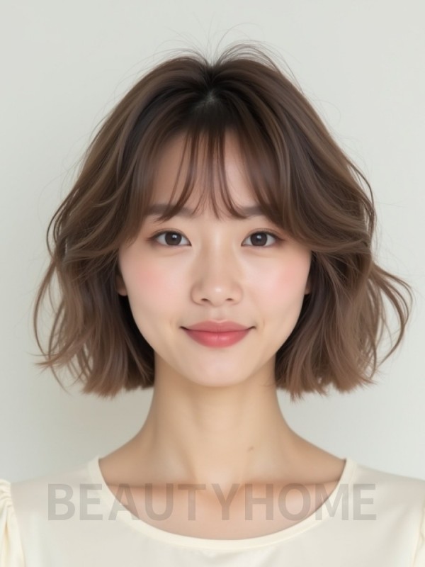 그레ige 브라운 귀밑 컬 단발+커튼뱅