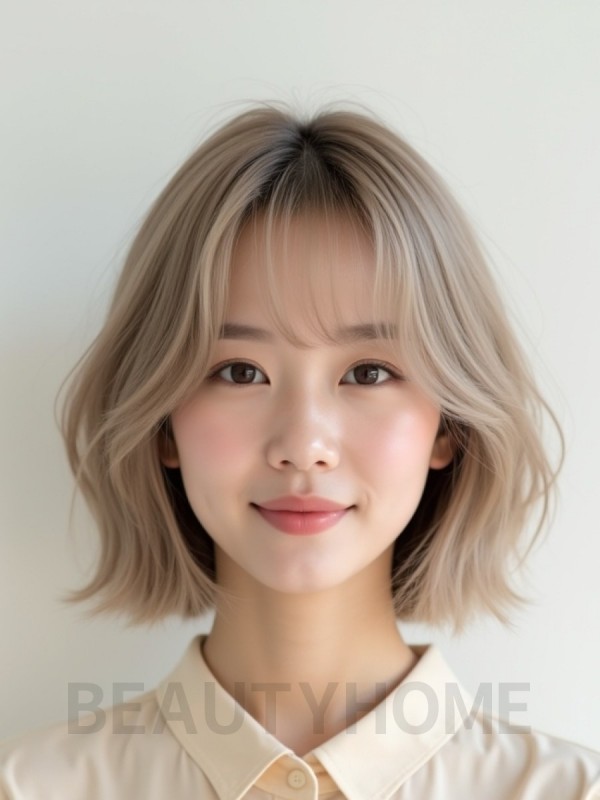 애쉬 베이지 턱밑 스트레이트 단발+풀뱅