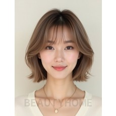 베이지 브라운 턱선 레이어드 단발+뱅