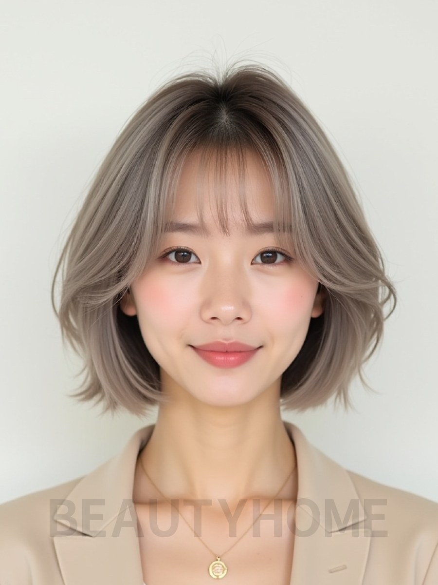 애쉬 브라운 턱선 인버티드 단발+사이드뱅