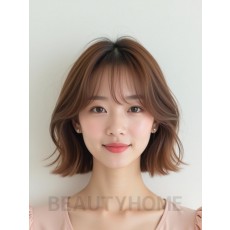 베이지 브라운 턱선 웨이브 단발+커튼뱅
