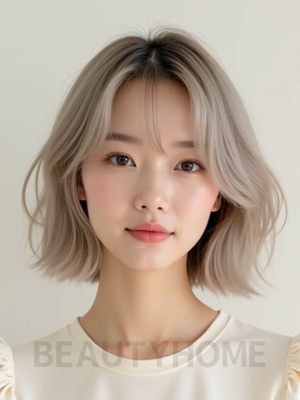 애쉬 블론드 턱밑 인버티드 단발+시스루뱅