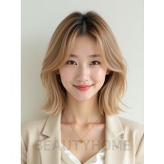 샌드 블론드 어깨 레이어드 단발+커튼뱅