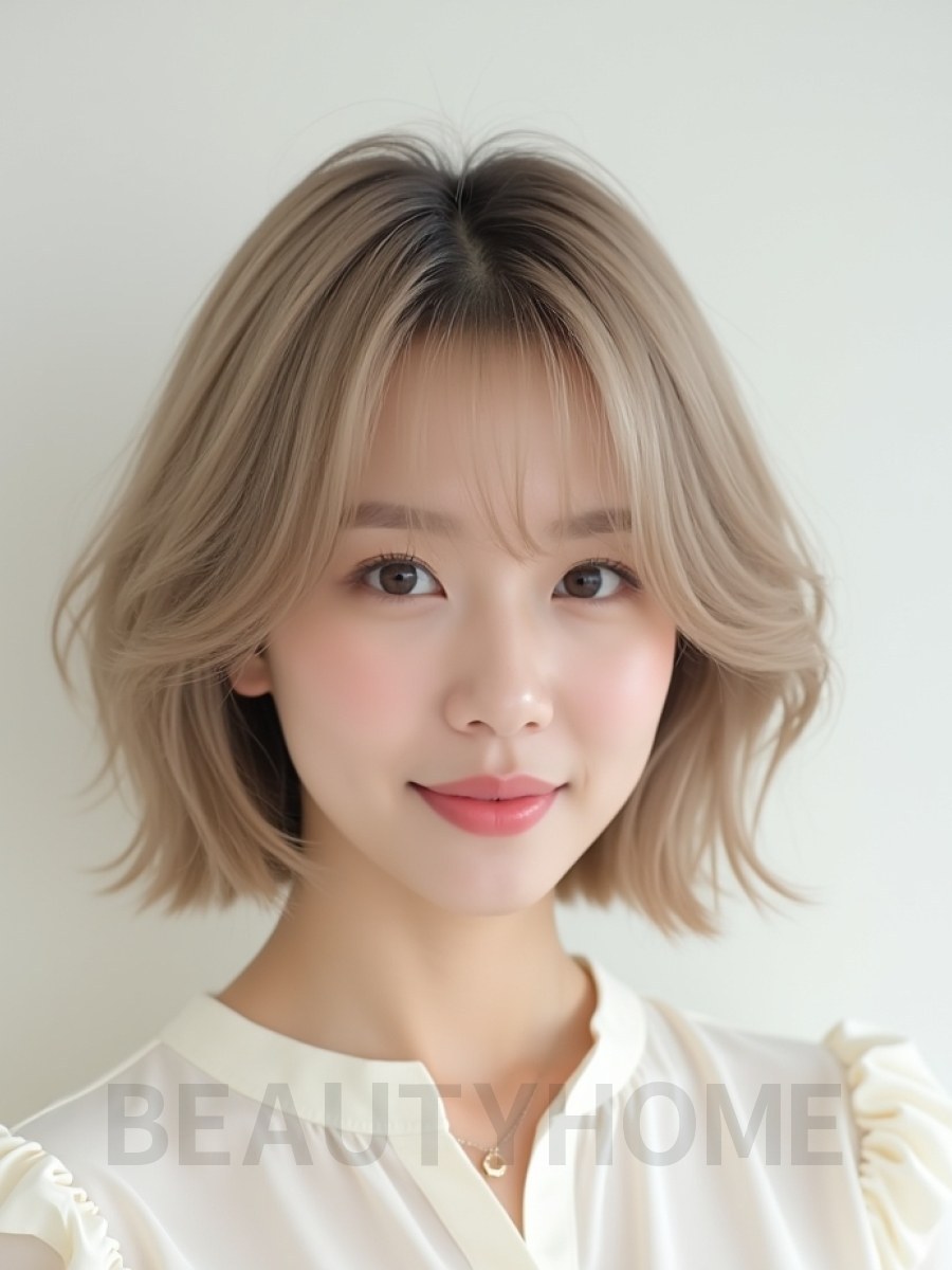 애쉬 베이지 쇄골 인버티드 단발+풀뱅
