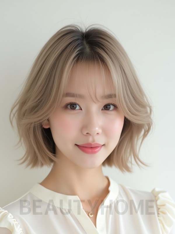 애쉬 베이지 쇄골 인버티드 단발+풀뱅